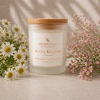 Brimstage Botanicals Blush Meadow Soy Wax Candle with natural wooden lid.
