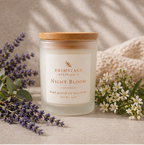 Brimstage Botanicals Night Bloom Candle with lid sat next to freshly cut lavender.
