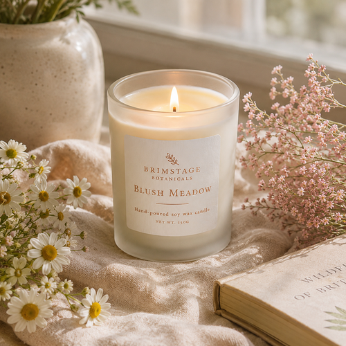 Lit luxury Blush Meadow Soy Wax candle surrounded by floral decoration.