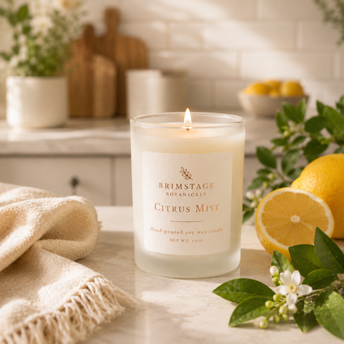 Brimstage Botanicals Citrus Mist candle sat on kitchen work top next to freshly cut lemons