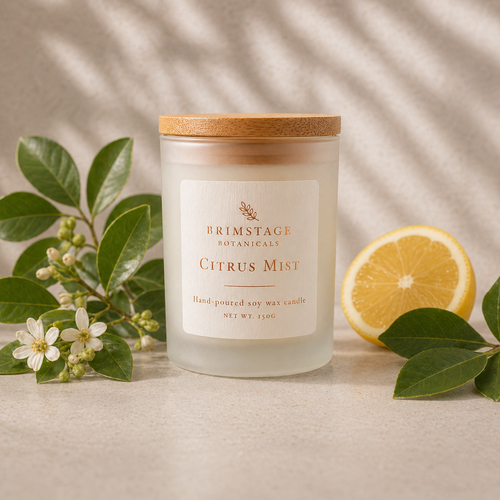Brimstage Botanicals Citrus Mist soy wax candle with lid amongst foiliage and freshly cut lemon.