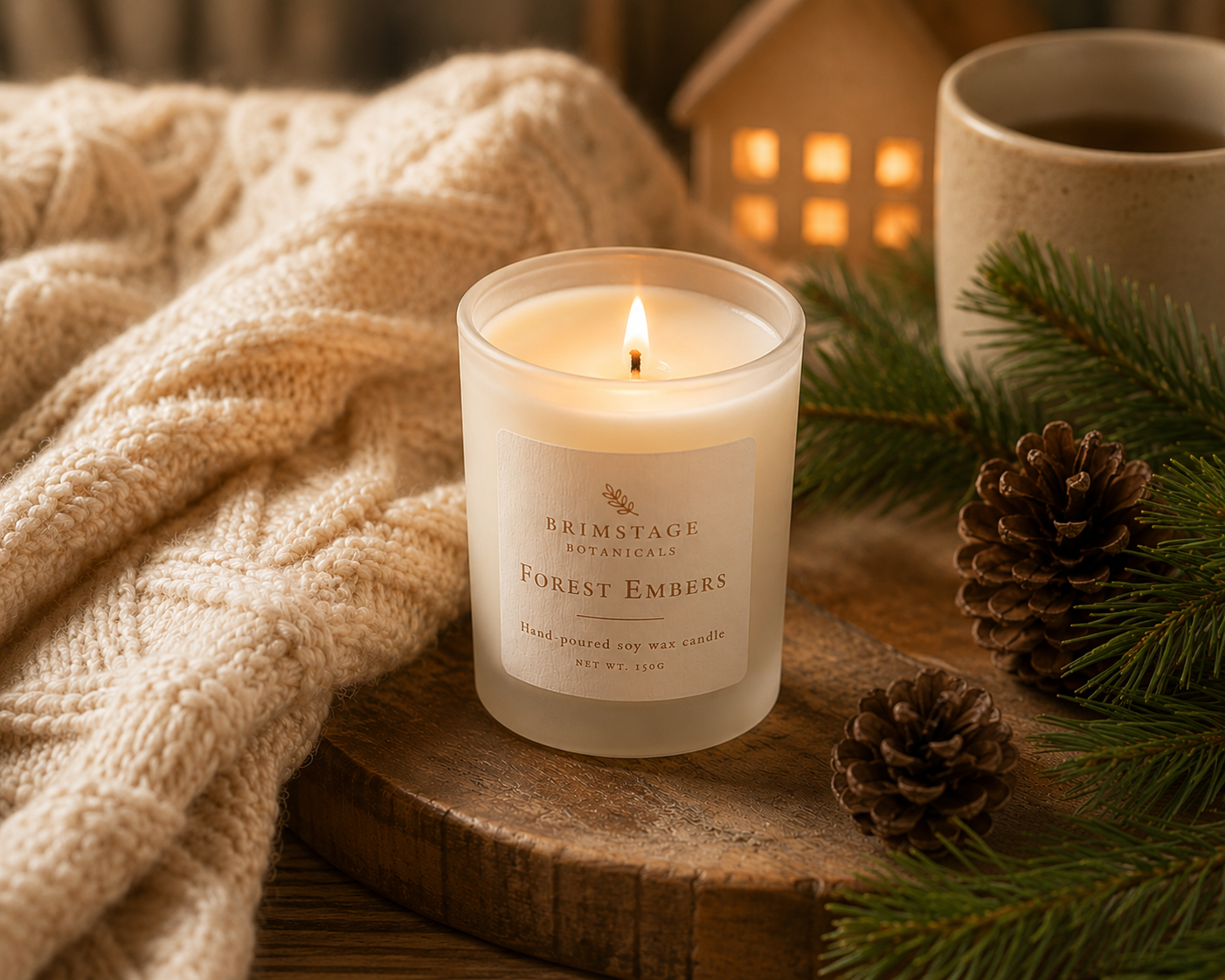 Warming scene with a lit Brimstage Botanicals Forest Embers soy wax candle, cozy blanket, and festive decor on a wooden surface.
