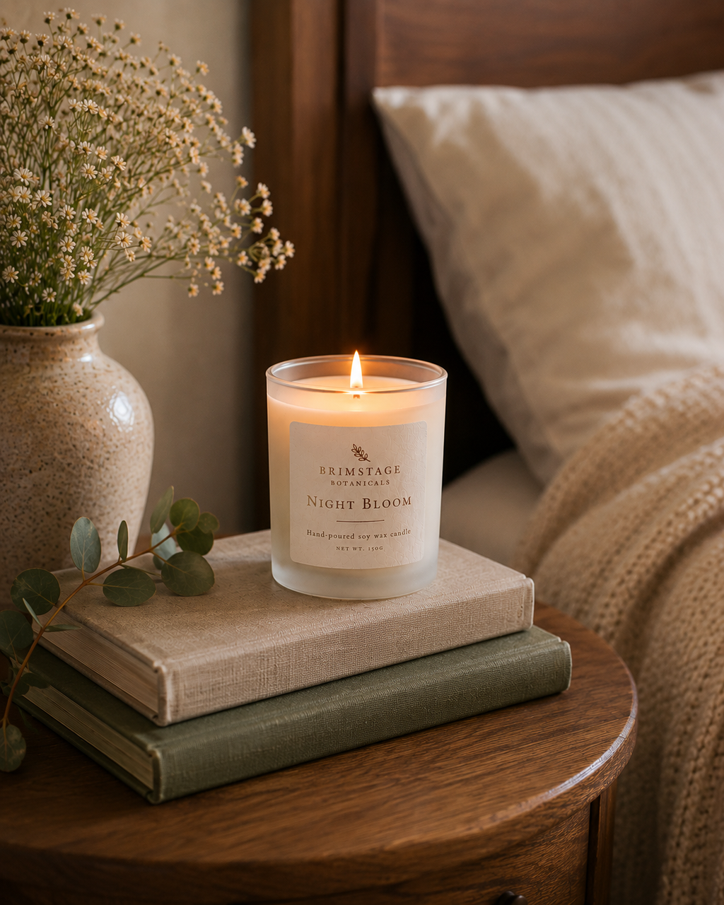 Brimstage Botanicals Night Bloom candle - lit in bedroom creating a calming atmosphere in preparation for a peaceful nights sleep. 