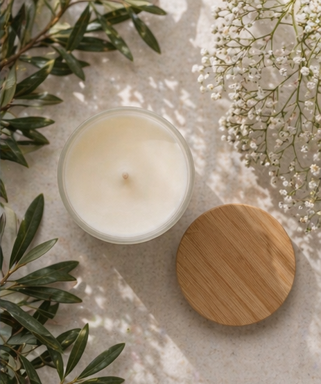 Brimstage Botanicals smooth candle top and natural wooden lid