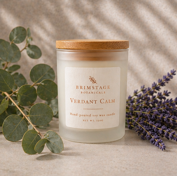 Luxury Brimstage Botanicals Verdant calm Soy Wax Candle with lid sat next to fresh eucalyptus and freshly cut lavender sprigs