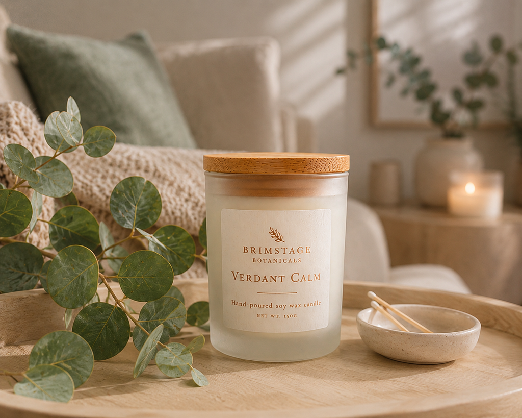 Brimstage Botanicals Verdant Calm Luxury Soy Wax Candle with lid in living room sat next to fresh foliage and matches. 