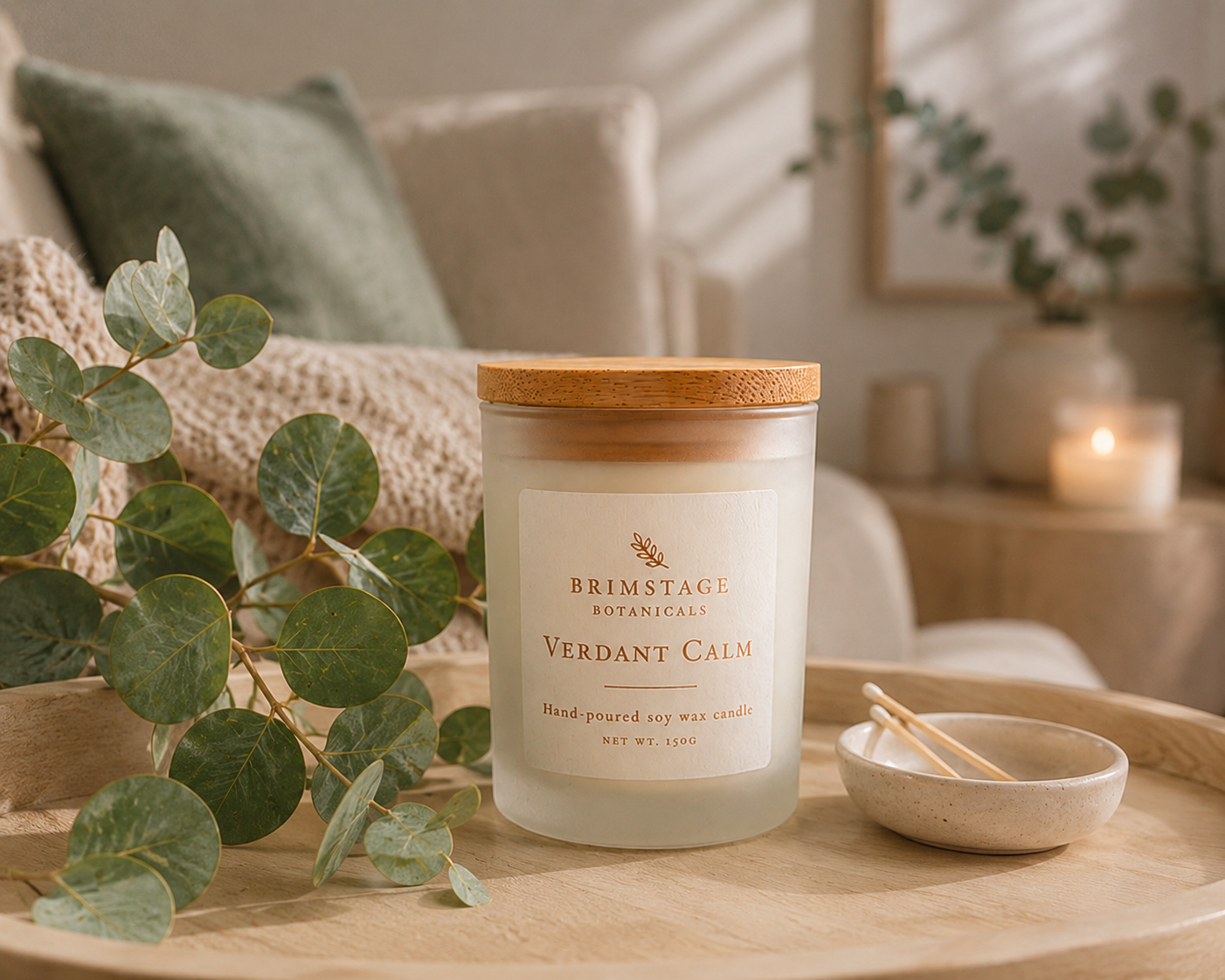 Brimstage Botanicals Verdant Calm Luxury Soy Wax Candle with lid in living room sat next to fresh foliage and matches. 